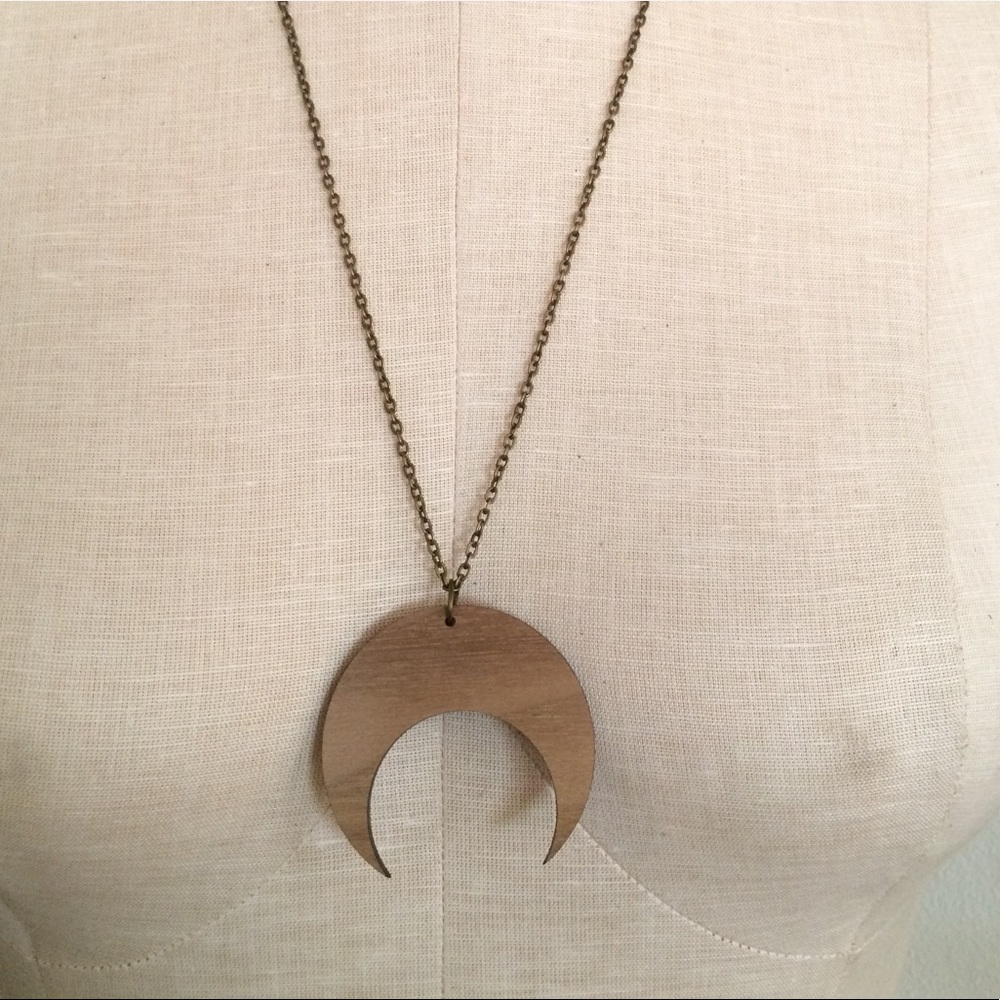 NEW boho festival wood crescent moon long necklace